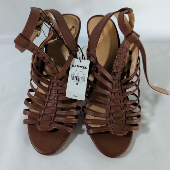 Express Shoes - Express Womens Size 10 Cognac Strappy Block Heel Sandals Ankle Strap NWT